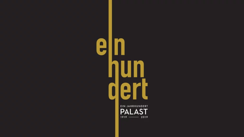 A picture shows the logo of the Friedrichstadtpalast Berlin's "100 Years of the Palast" campaign