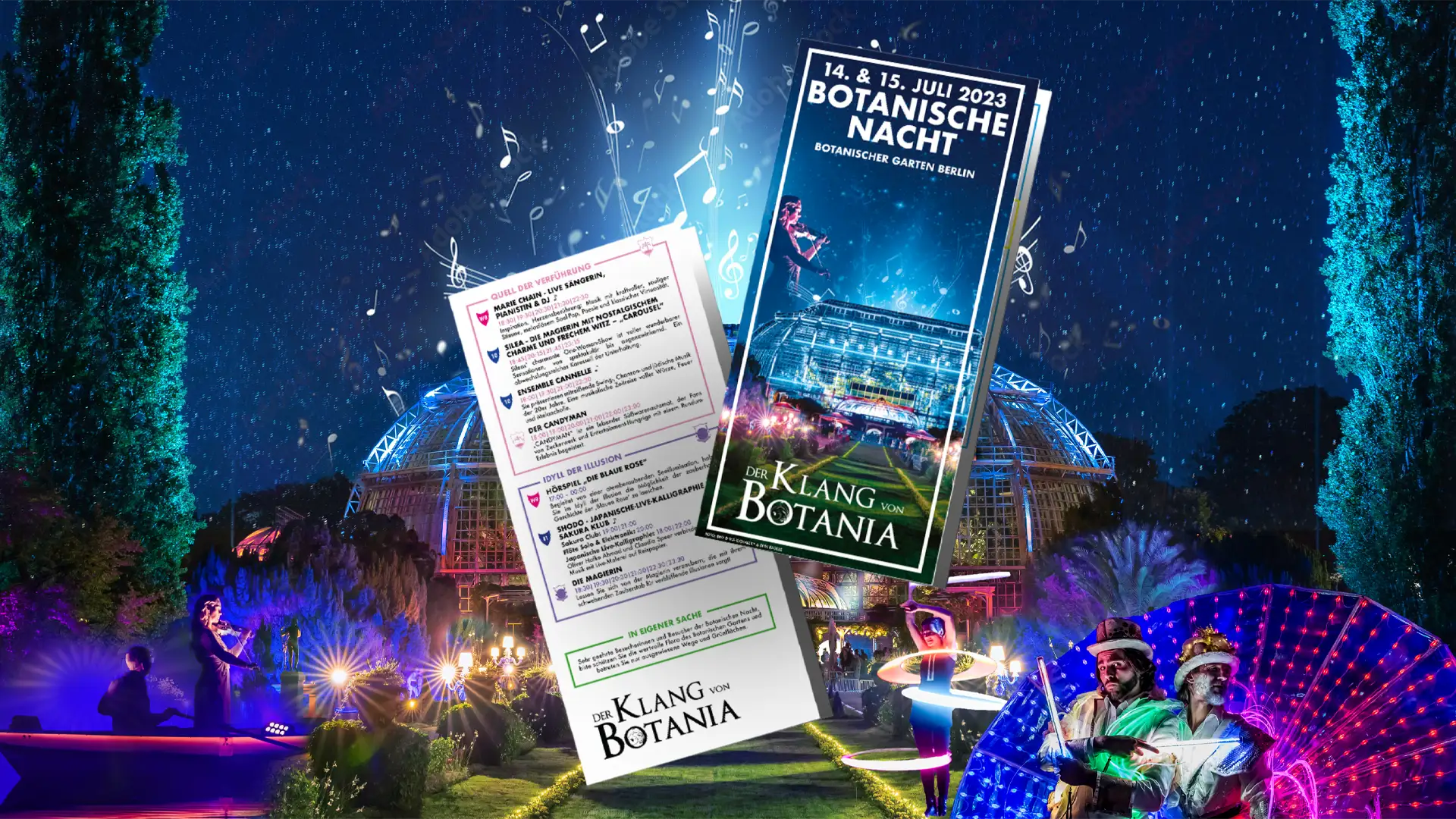 A picture shows the flyer of the Botanical Night at the Botanical Garden in Berlin.