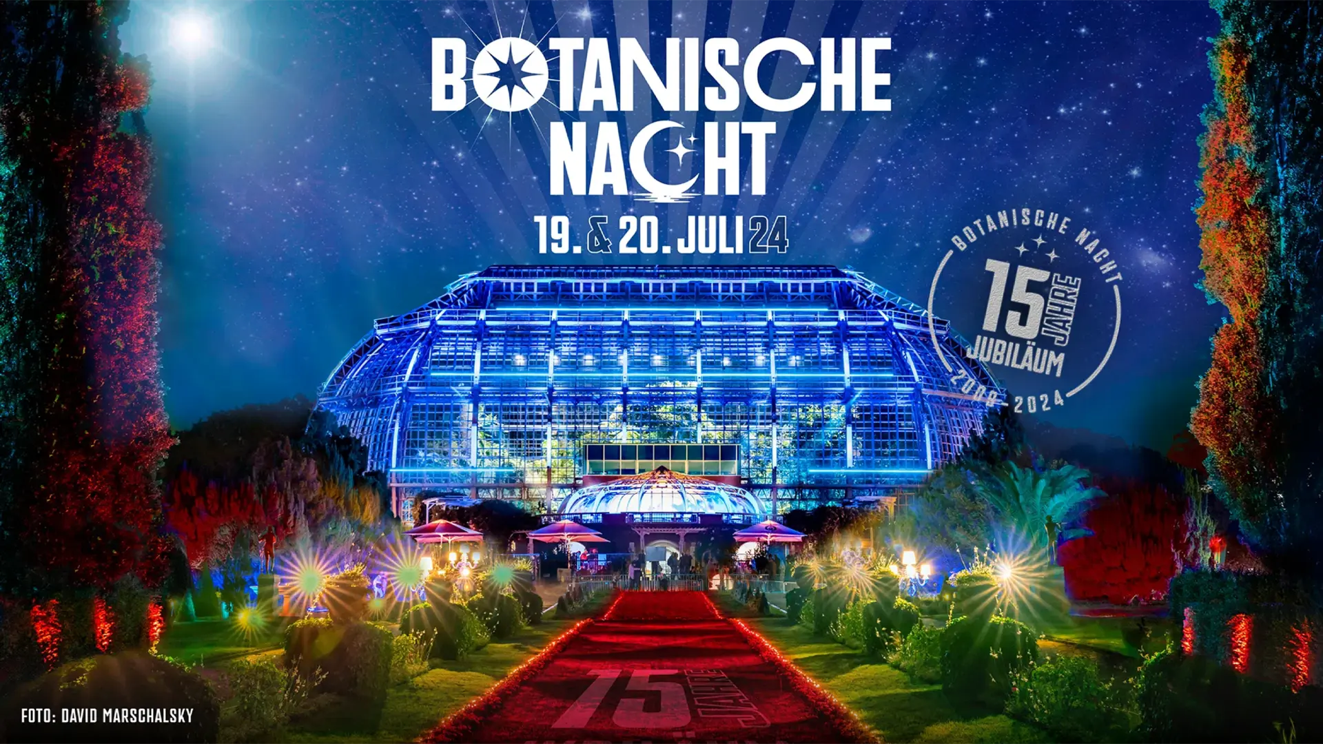 One picture shows the main motif with the lettering "15th anniversary" of the Botanical Night in the Berlin Botanical Garden.