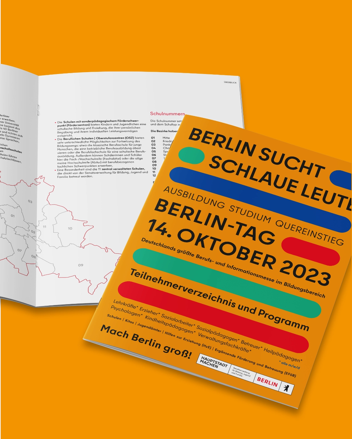 A picture shows the exhibition booklet of Berlin Day 2023. Berlin Day is Germany's largest careers and information fair in the education sector