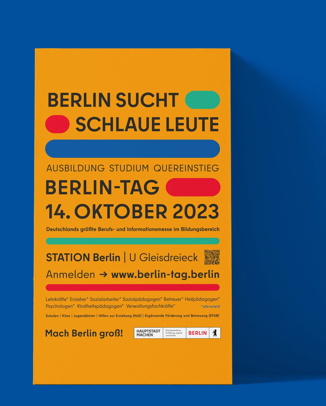 One picture shows a mockup poster for Berlin Tag. Berlin Day is Germany's largest careers and information fair in the education sector