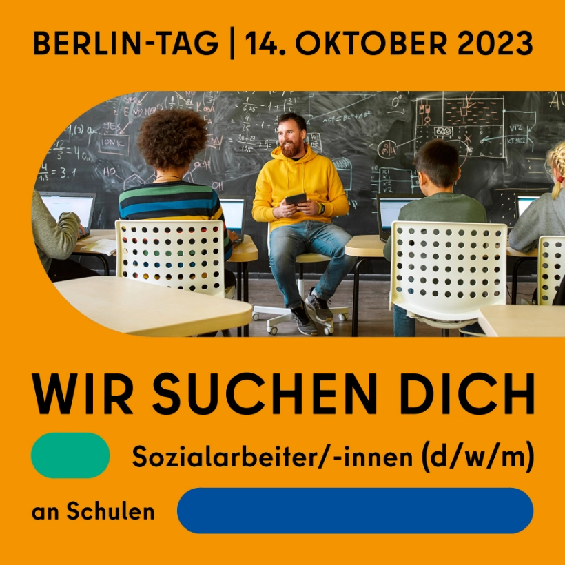 One picture shows an orange poster with a section of a classroom for Berlin Day. Berlin Day is Germany's largest careers and information fair in the education sector.