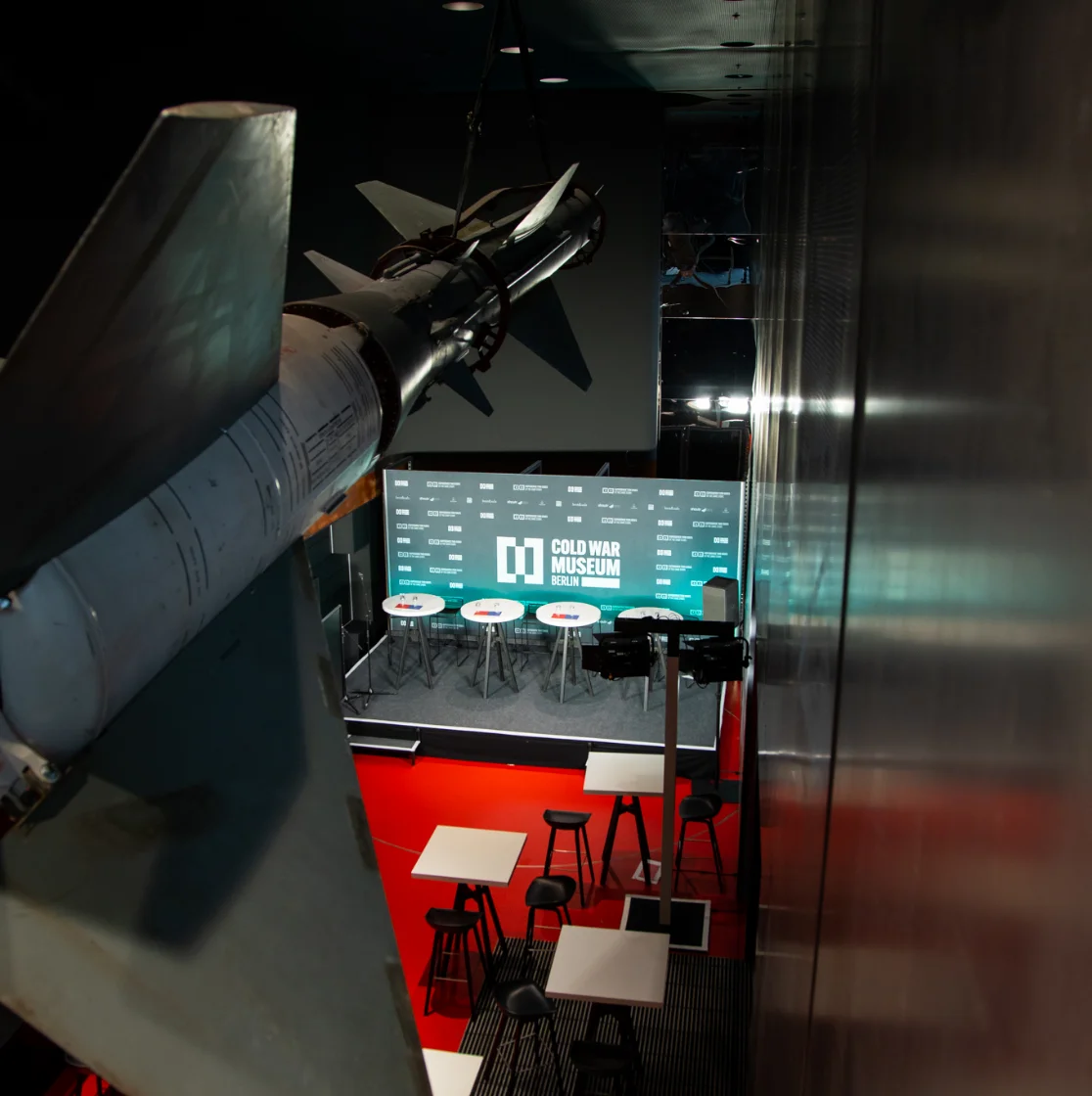 A picture shows the setup for a press conference at the Cold War Museum Berlin.