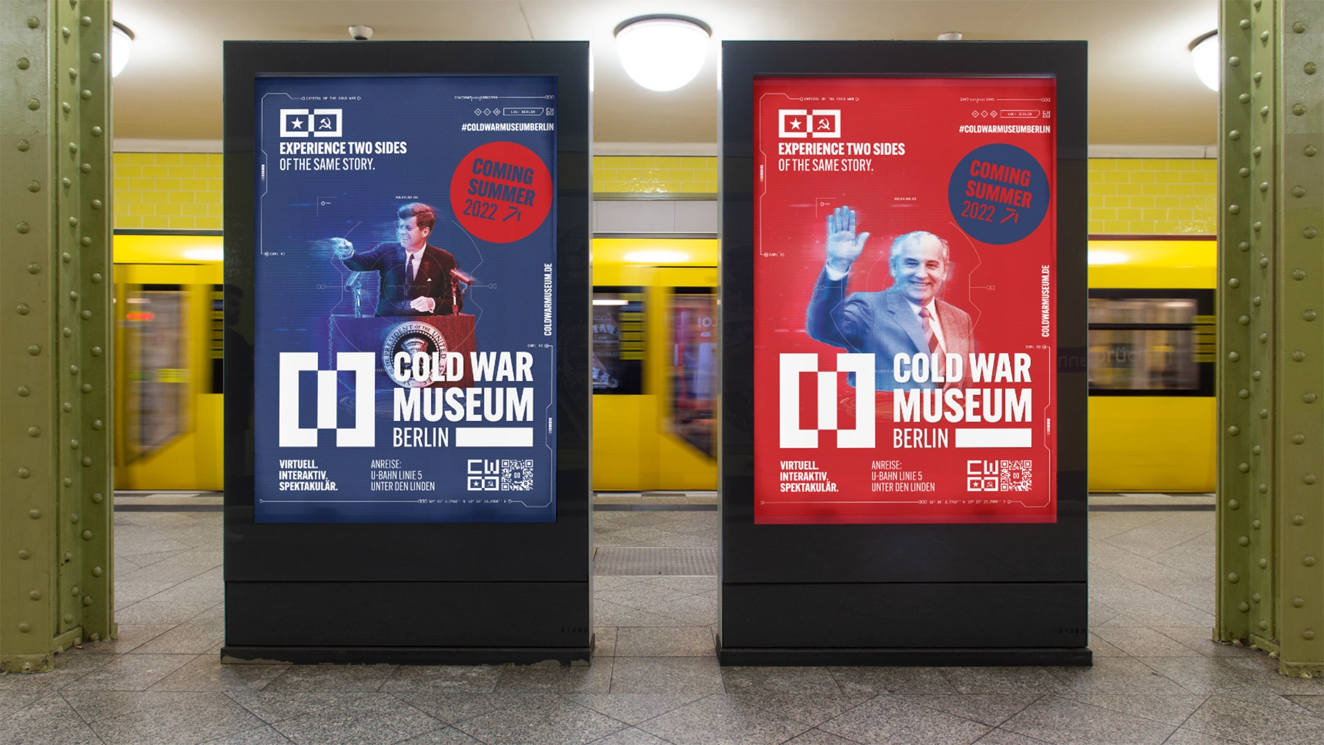 One picture shows a poster of the Cold War Museum in Berlin at a train station.