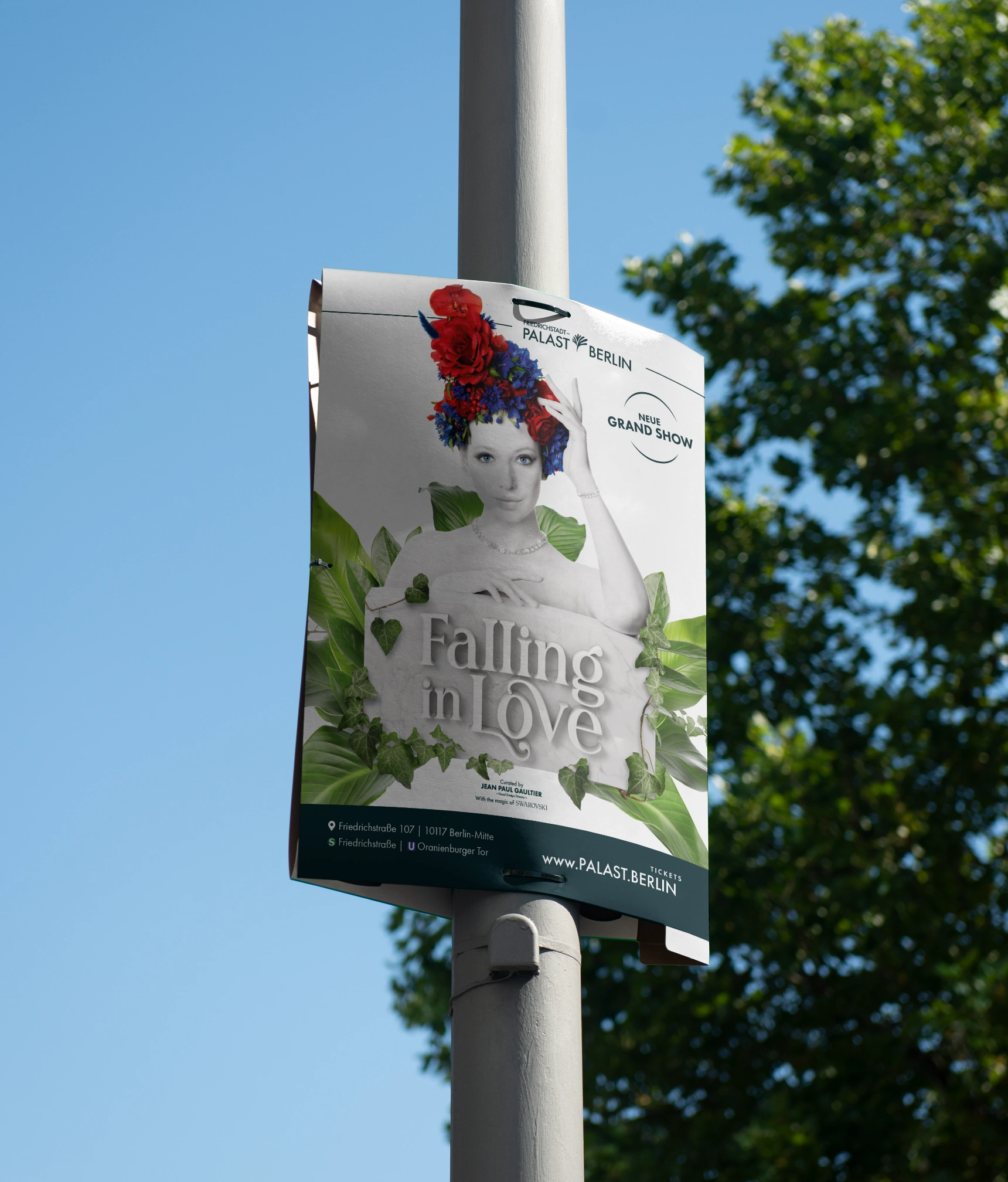 A picture shows the poster of the Grande Show "Falling in Love" of the Friedrichstadtpalast on a pole in Berlin.