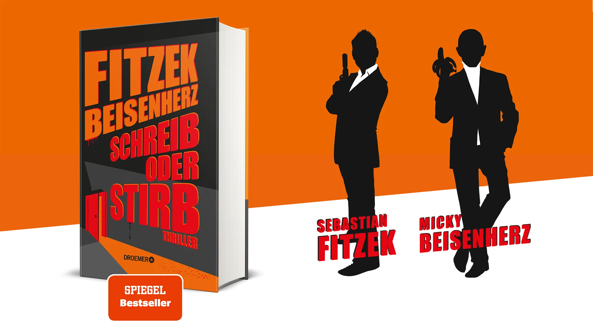 Ein Bild zeigt das Buch sowie Sebastian Fitzek und Micky Beisenherz als Schatten für das buch "Schreib oder Stirb- Der Buchraub" von Sebatsian Fitzek und Micky Beisenherz.