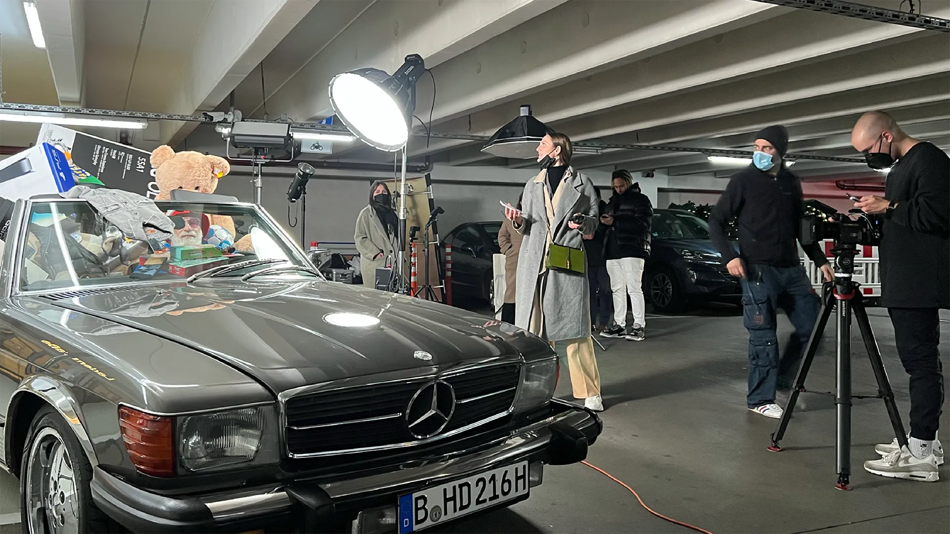 A picture shows a section of the team for a video shoot at the Spandauer Arcaden shopping center in Berlin.