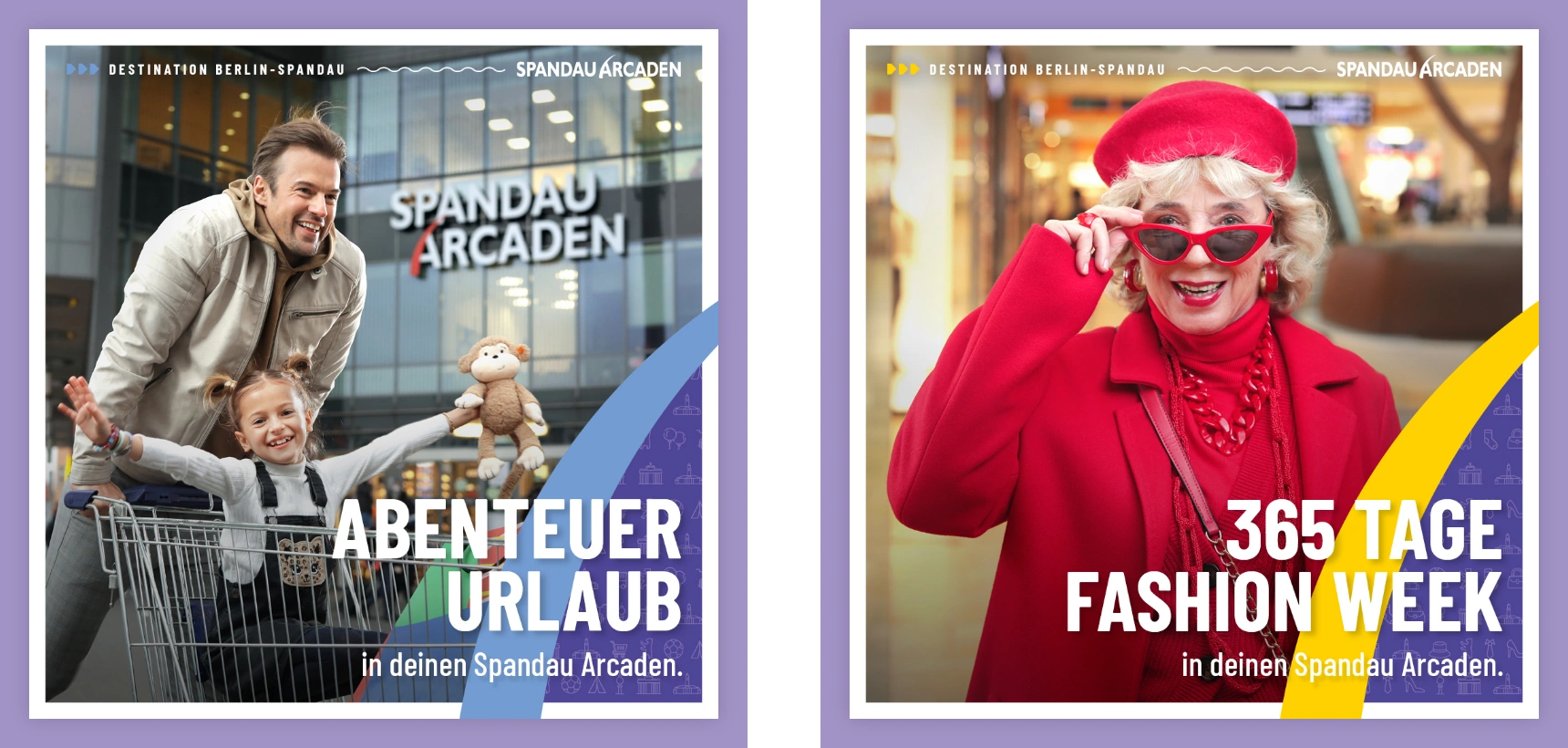 A picture shows the campaign posters "Adventure Vacation and 365 Days Fashion Week" of the Spandauer Arcaden in Berlin.