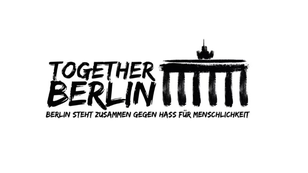 A picture shows the logo of Together Berlin, a memorial concert at the capital's landmark
