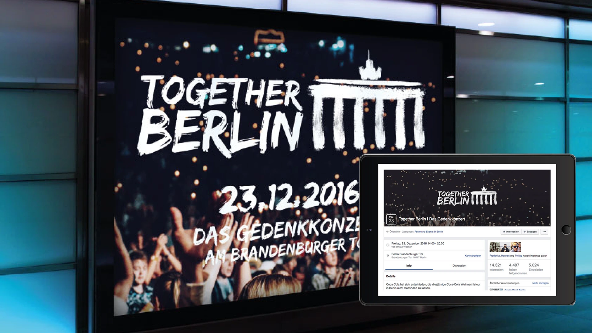 Ein Bild zeigt das Logo von Together Berlin, ein Gedenkkonzert am Wahrzeichen der Hauptstadt
